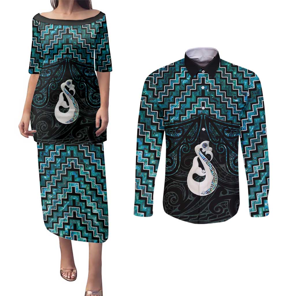 New Zealand Maori Couples Matching Puletasi and Long Sleeve Button Shirt Poutama Manaia Turquoise Paua Shell