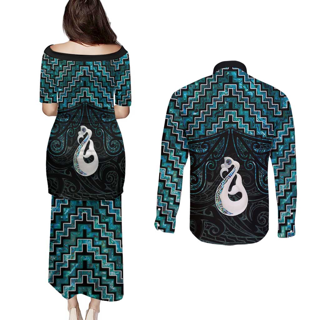 New Zealand Maori Couples Matching Puletasi and Long Sleeve Button Shirt Poutama Manaia Turquoise Paua Shell