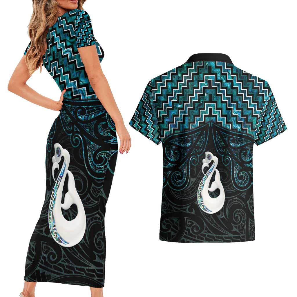 New Zealand Maori Couples Matching Short Sleeve Bodycon Dress and Hawaiian Shirt Poutama Manaia Turquoise Paua Shell