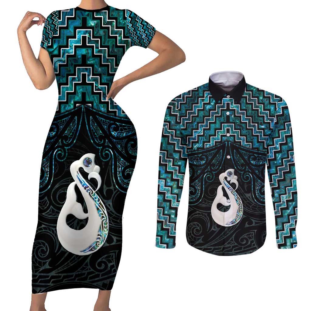 New Zealand Maori Couples Matching Short Sleeve Bodycon Dress and Long Sleeve Button Shirt Poutama Manaia Turquoise Paua Shell