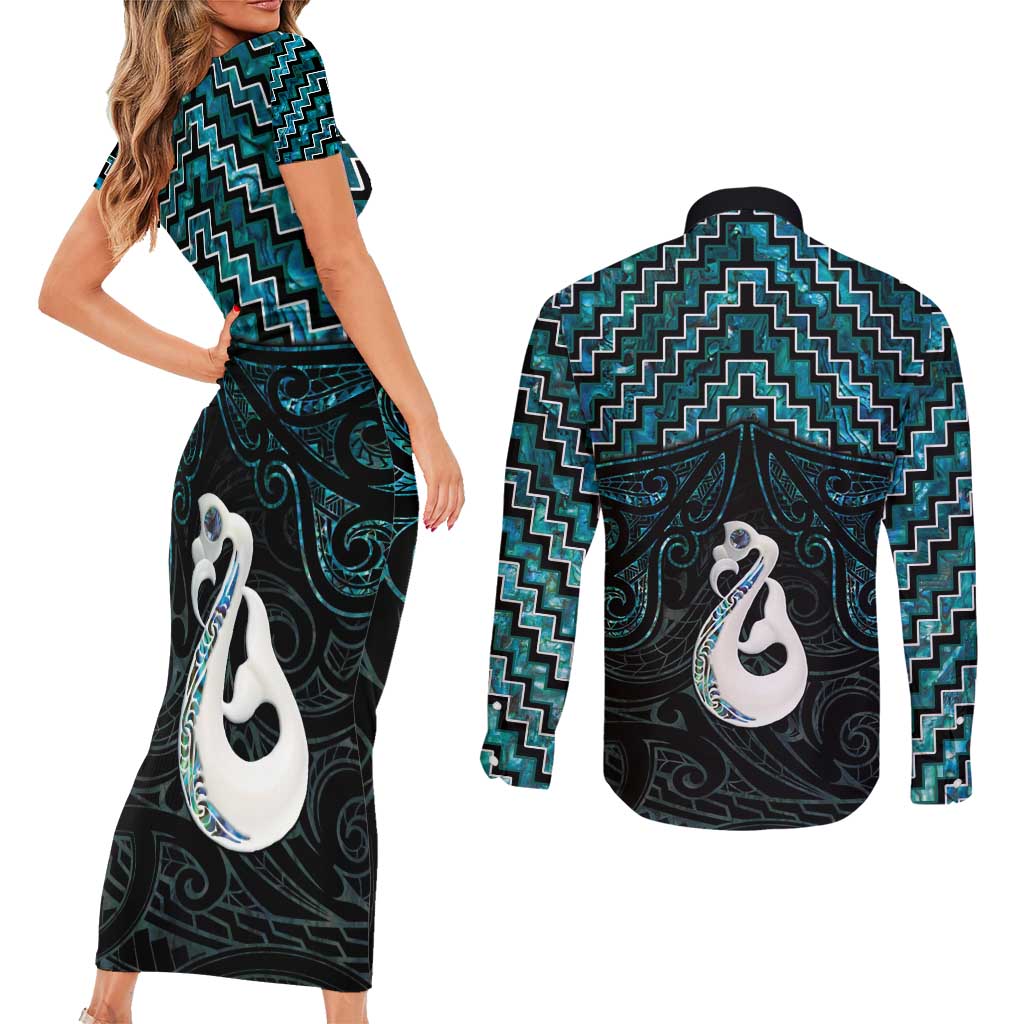 New Zealand Maori Couples Matching Short Sleeve Bodycon Dress and Long Sleeve Button Shirt Poutama Manaia Turquoise Paua Shell