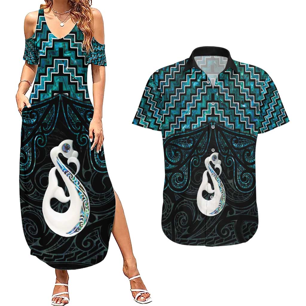 New Zealand Maori Couples Matching Summer Maxi Dress and Hawaiian Shirt Poutama Manaia Turquoise Paua Shell