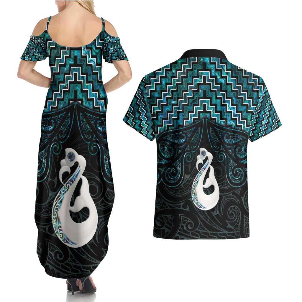 New Zealand Maori Couples Matching Summer Maxi Dress and Hawaiian Shirt Poutama Manaia Turquoise Paua Shell