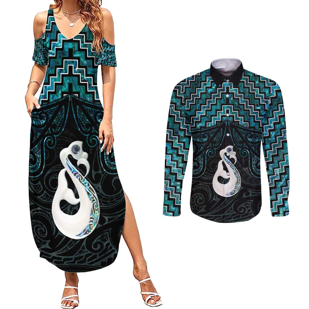 New Zealand Maori Couples Matching Summer Maxi Dress and Long Sleeve Button Shirt Poutama Manaia Turquoise Paua Shell