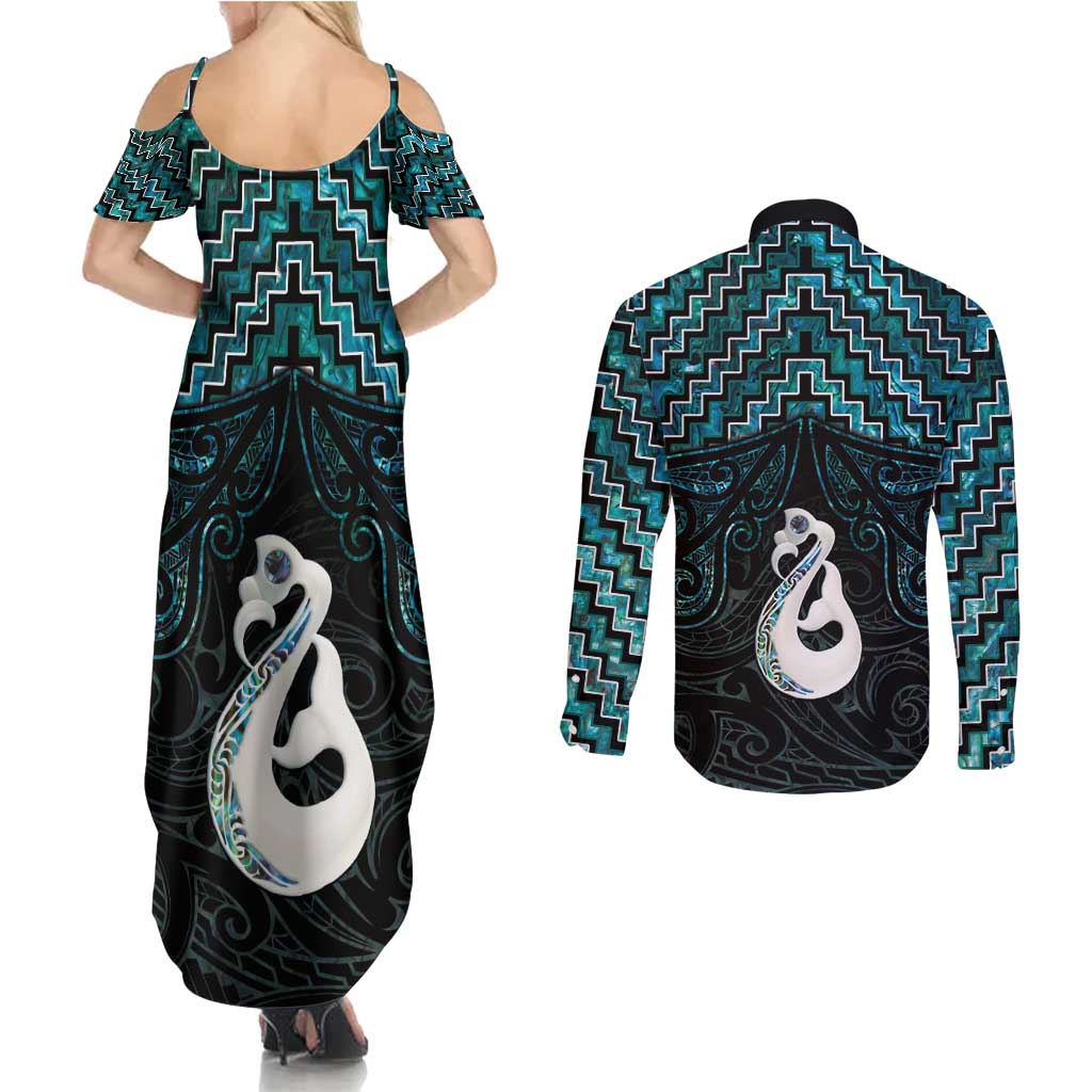 New Zealand Maori Couples Matching Summer Maxi Dress and Long Sleeve Button Shirt Poutama Manaia Turquoise Paua Shell