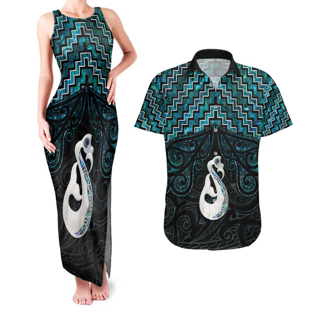 New Zealand Maori Couples Matching Tank Maxi Dress and Hawaiian Shirt Poutama Manaia Turquoise Paua Shell