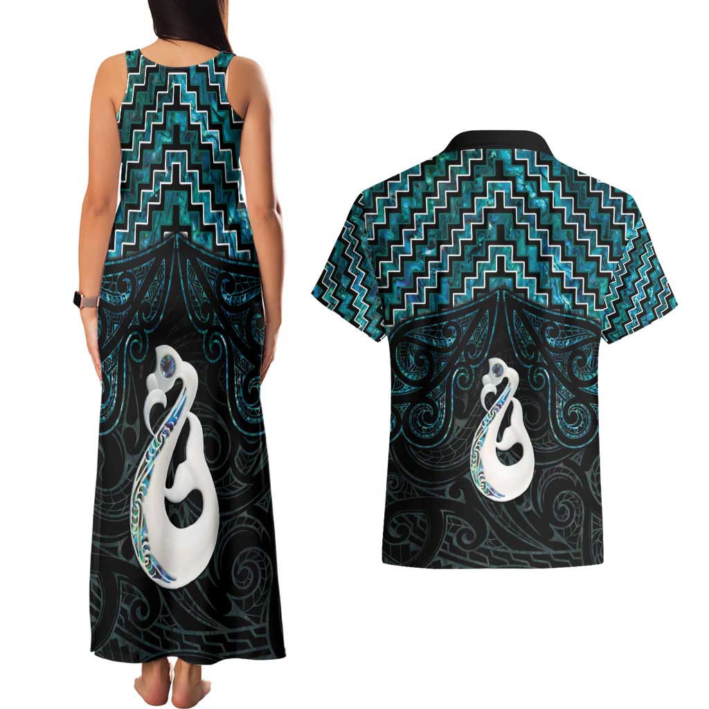 New Zealand Maori Couples Matching Tank Maxi Dress and Hawaiian Shirt Poutama Manaia Turquoise Paua Shell