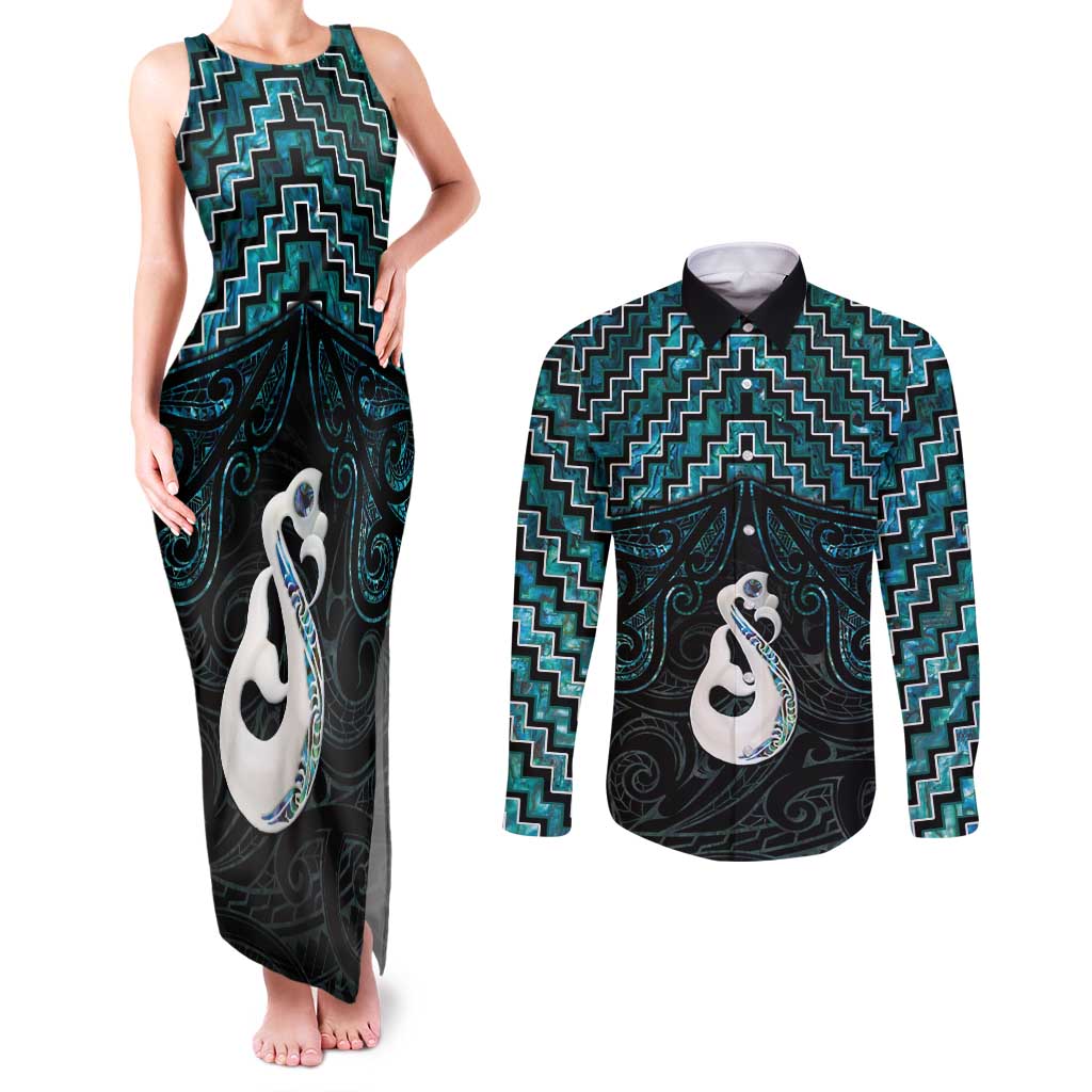 New Zealand Maori Couples Matching Tank Maxi Dress and Long Sleeve Button Shirt Poutama Manaia Turquoise Paua Shell