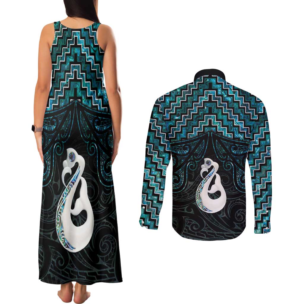 New Zealand Maori Couples Matching Tank Maxi Dress and Long Sleeve Button Shirt Poutama Manaia Turquoise Paua Shell