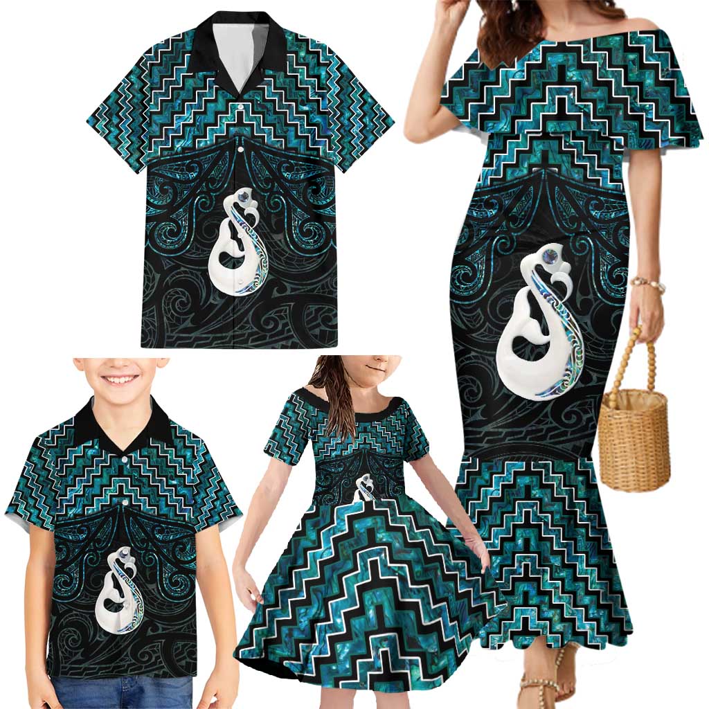 New Zealand Maori Family Matching Mermaid Dress and Hawaiian Shirt Poutama Manaia Turquoise Paua Shell