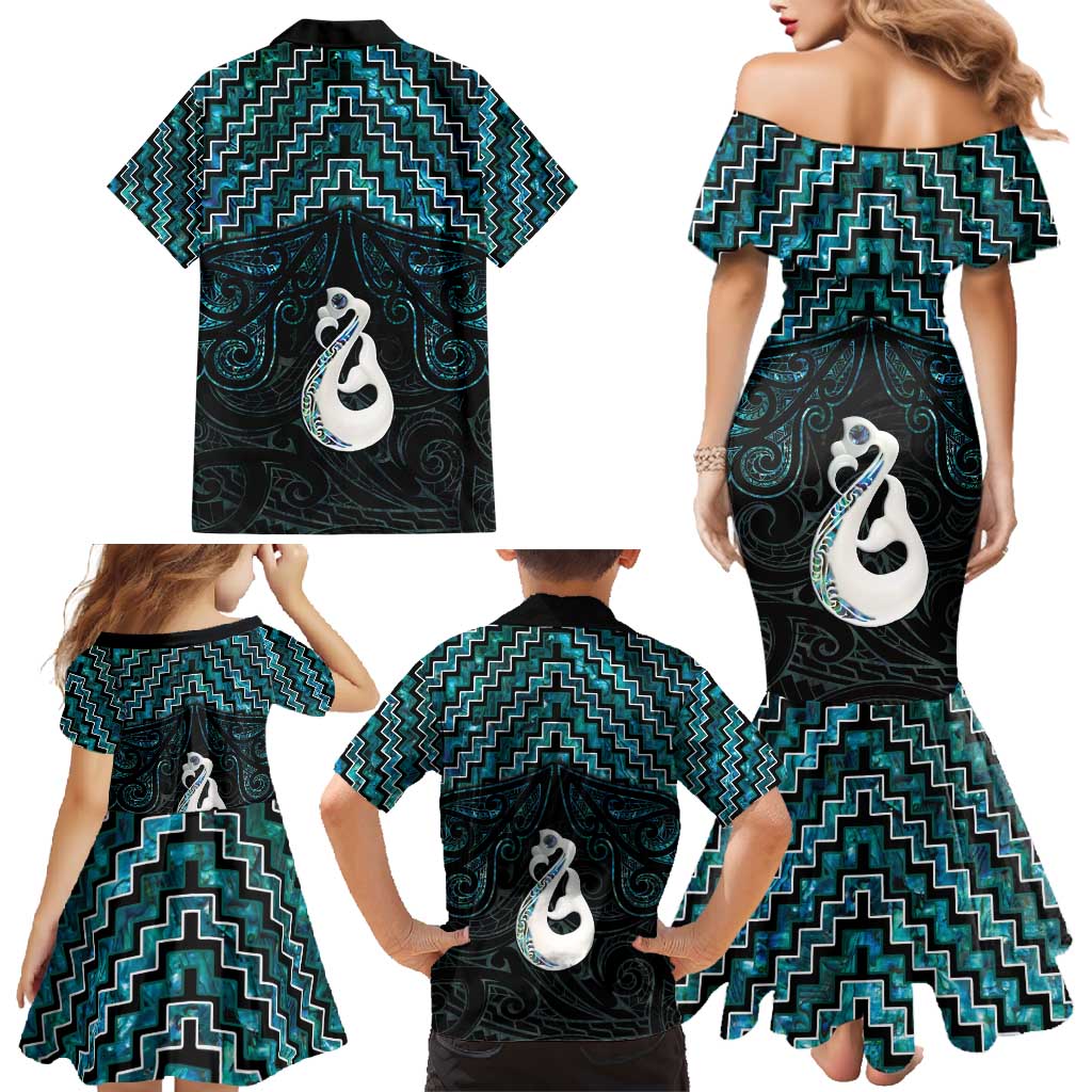 New Zealand Maori Family Matching Mermaid Dress and Hawaiian Shirt Poutama Manaia Turquoise Paua Shell