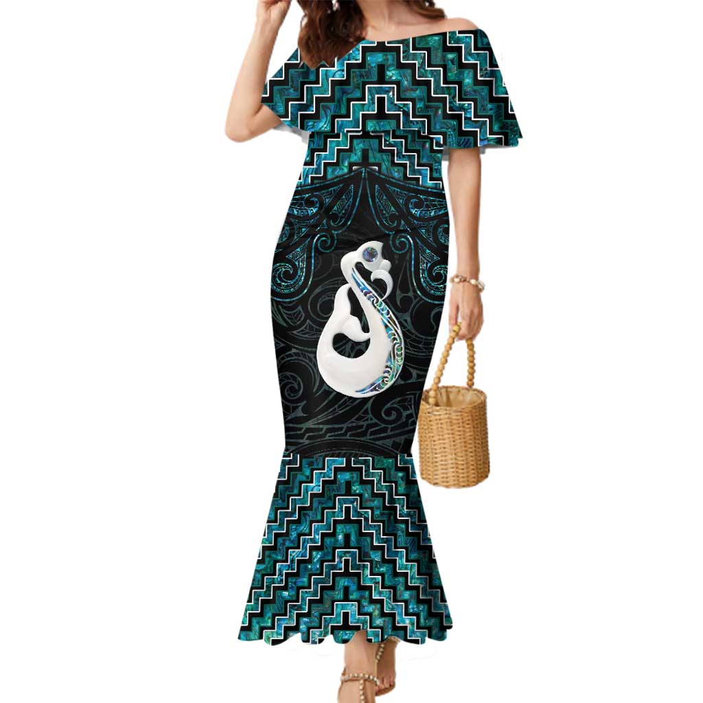 New Zealand Maori Family Matching Mermaid Dress and Hawaiian Shirt Poutama Manaia Turquoise Paua Shell