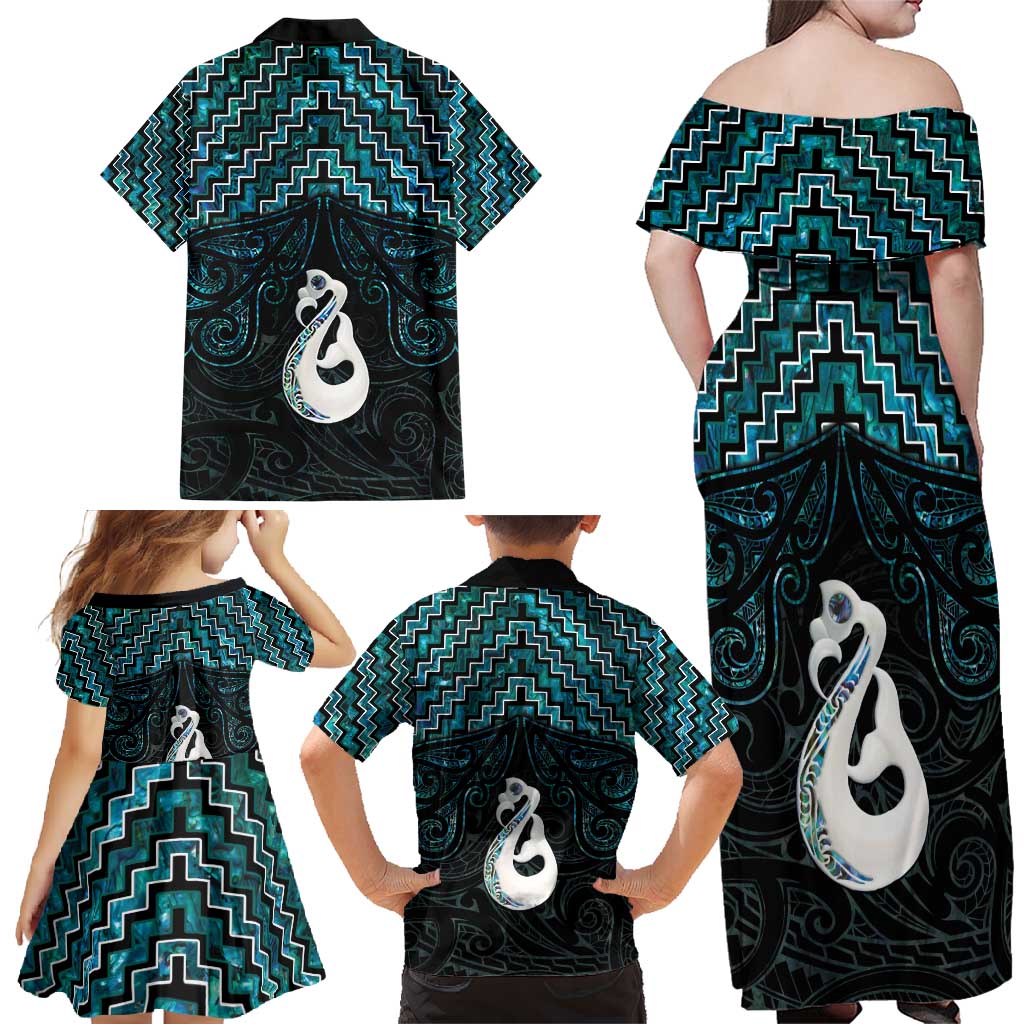 New Zealand Maori Family Matching Off Shoulder Maxi Dress and Hawaiian Shirt Poutama Manaia Turquoise Paua Shell