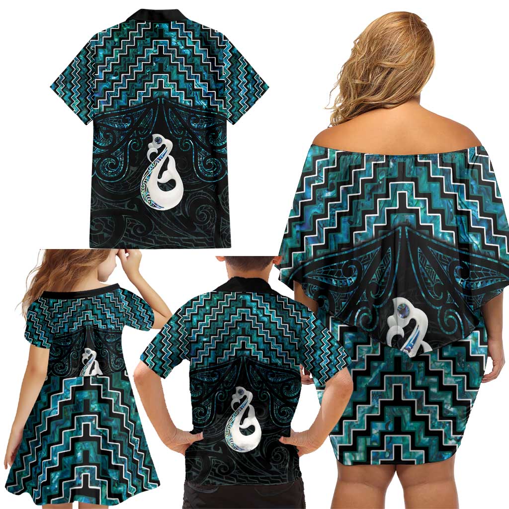 New Zealand Maori Family Matching Off Shoulder Short Dress and Hawaiian Shirt Poutama Manaia Turquoise Paua Shell