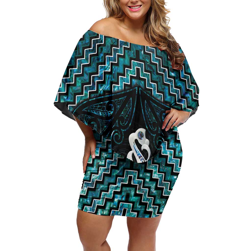 New Zealand Maori Family Matching Off Shoulder Short Dress and Hawaiian Shirt Poutama Manaia Turquoise Paua Shell