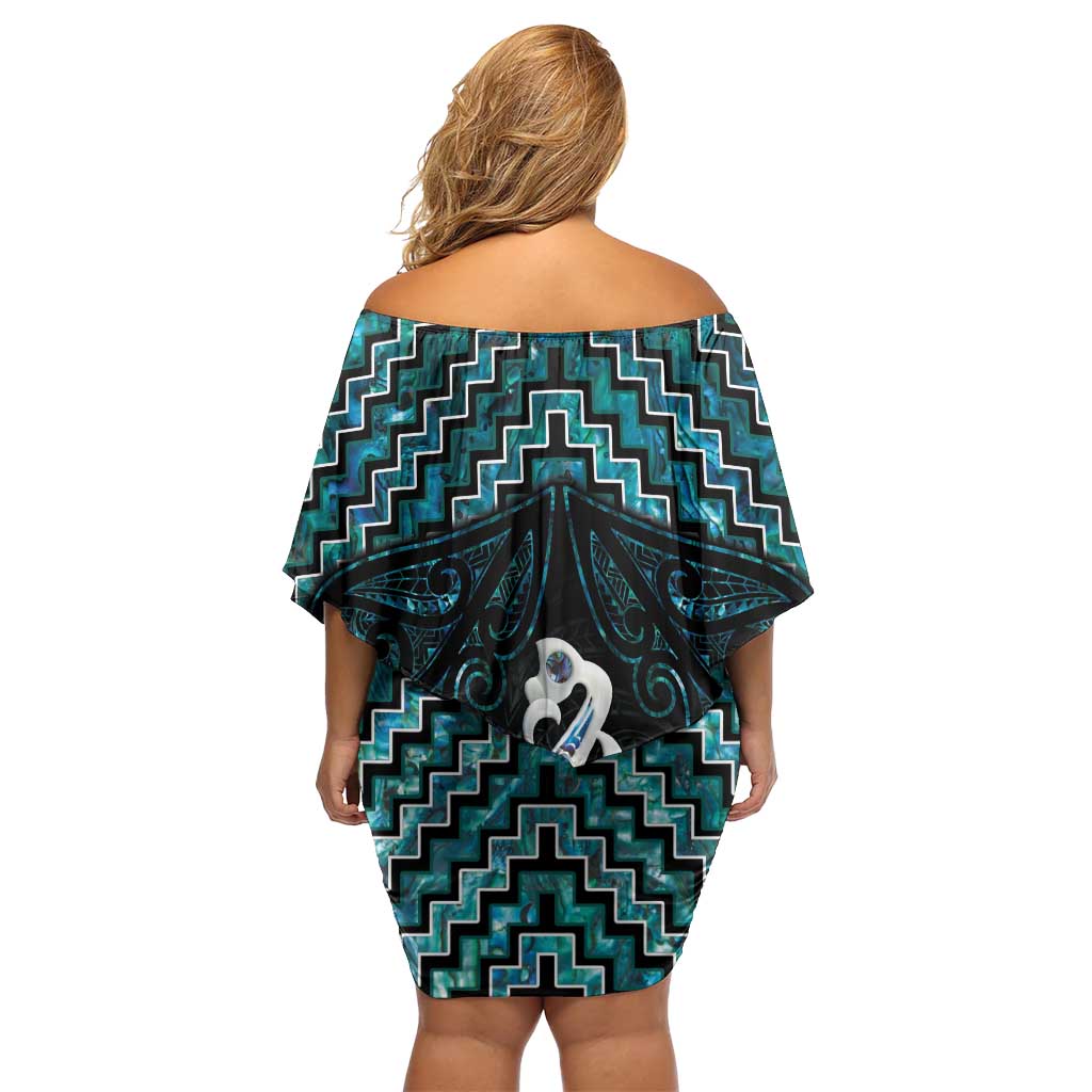 New Zealand Maori Family Matching Off Shoulder Short Dress and Hawaiian Shirt Poutama Manaia Turquoise Paua Shell