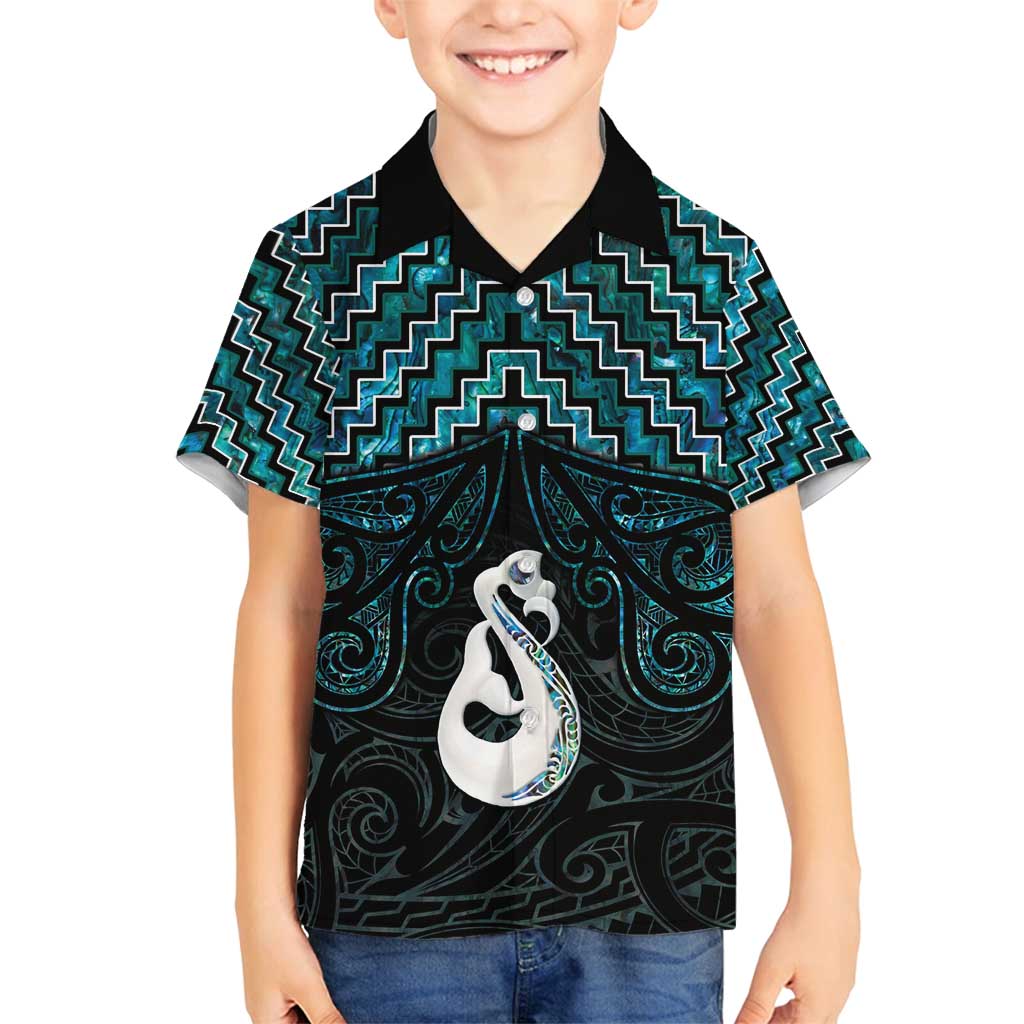 New Zealand Maori Family Matching Off Shoulder Short Dress and Hawaiian Shirt Poutama Manaia Turquoise Paua Shell