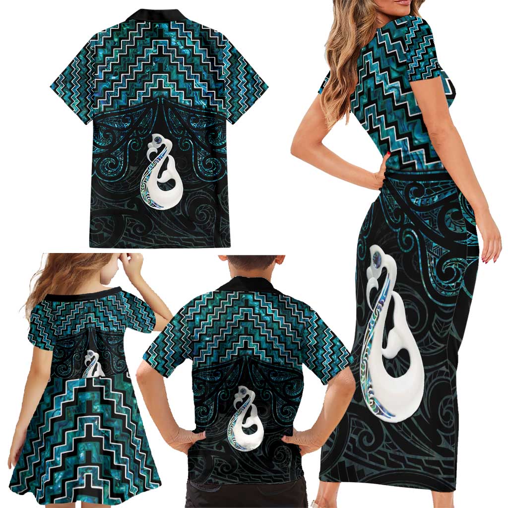 New Zealand Maori Family Matching Short Sleeve Bodycon Dress and Hawaiian Shirt Poutama Manaia Turquoise Paua Shell