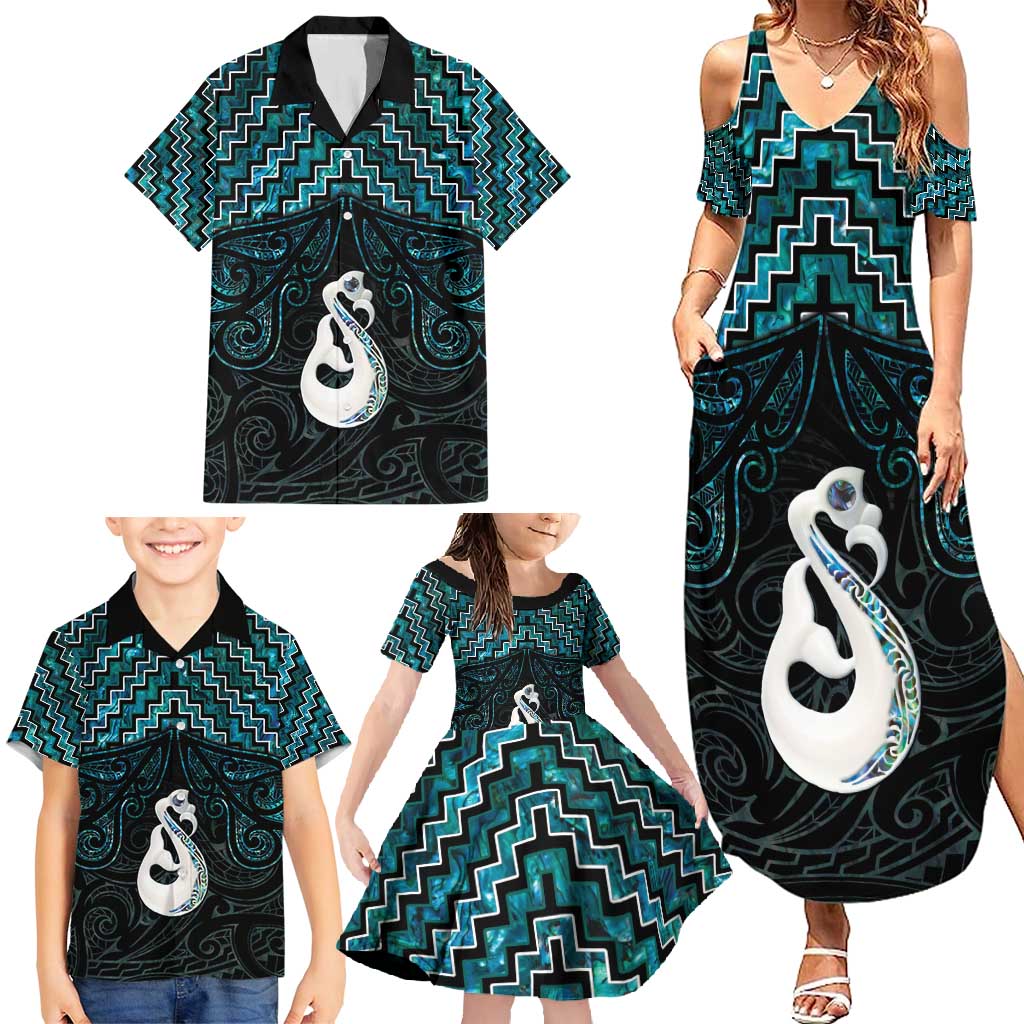 New Zealand Maori Family Matching Summer Maxi Dress and Hawaiian Shirt Poutama Manaia Turquoise Paua Shell