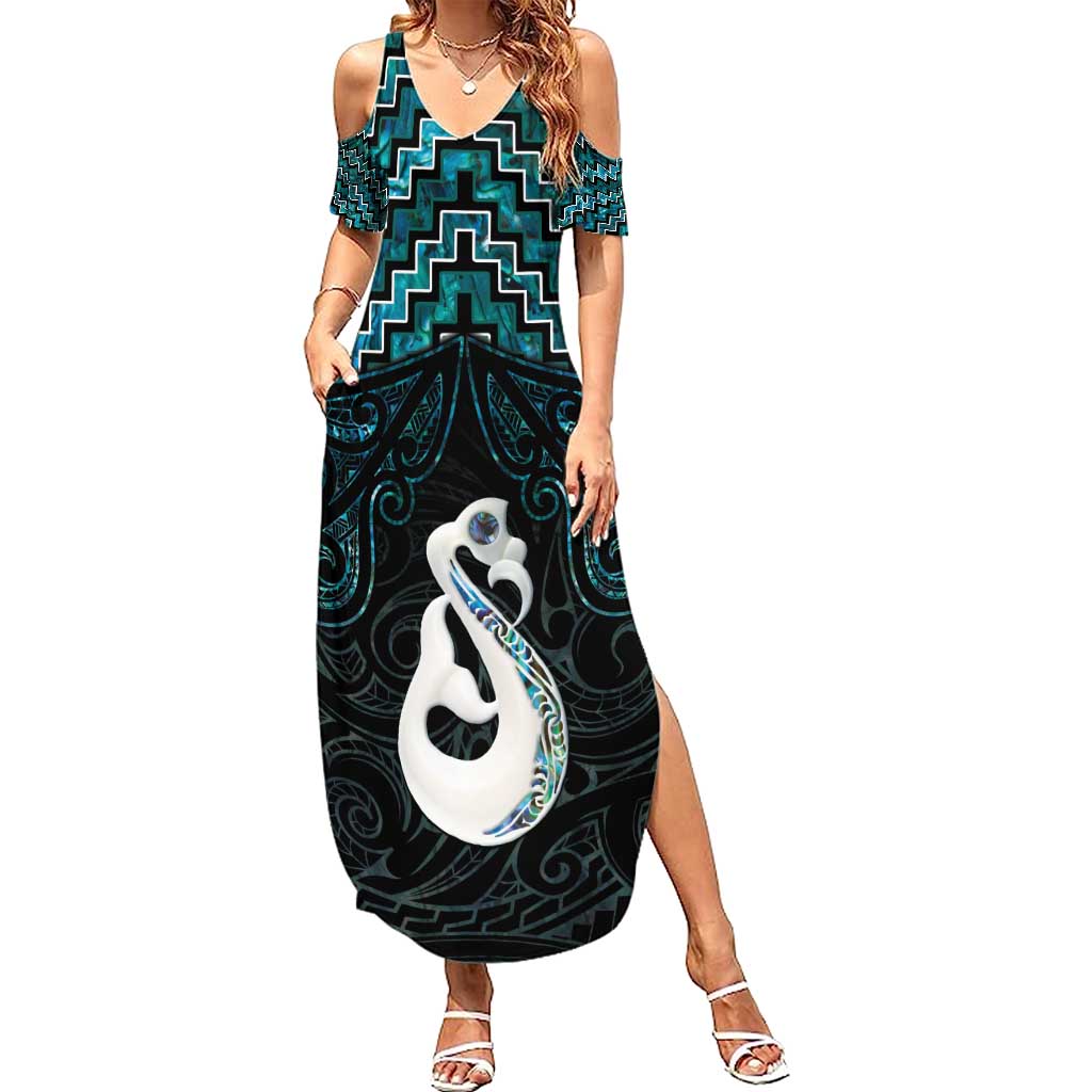 New Zealand Maori Family Matching Summer Maxi Dress and Hawaiian Shirt Poutama Manaia Turquoise Paua Shell