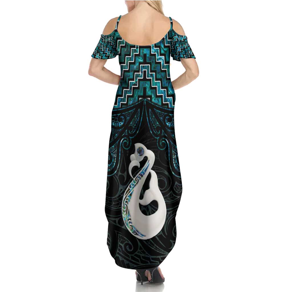 New Zealand Maori Family Matching Summer Maxi Dress and Hawaiian Shirt Poutama Manaia Turquoise Paua Shell