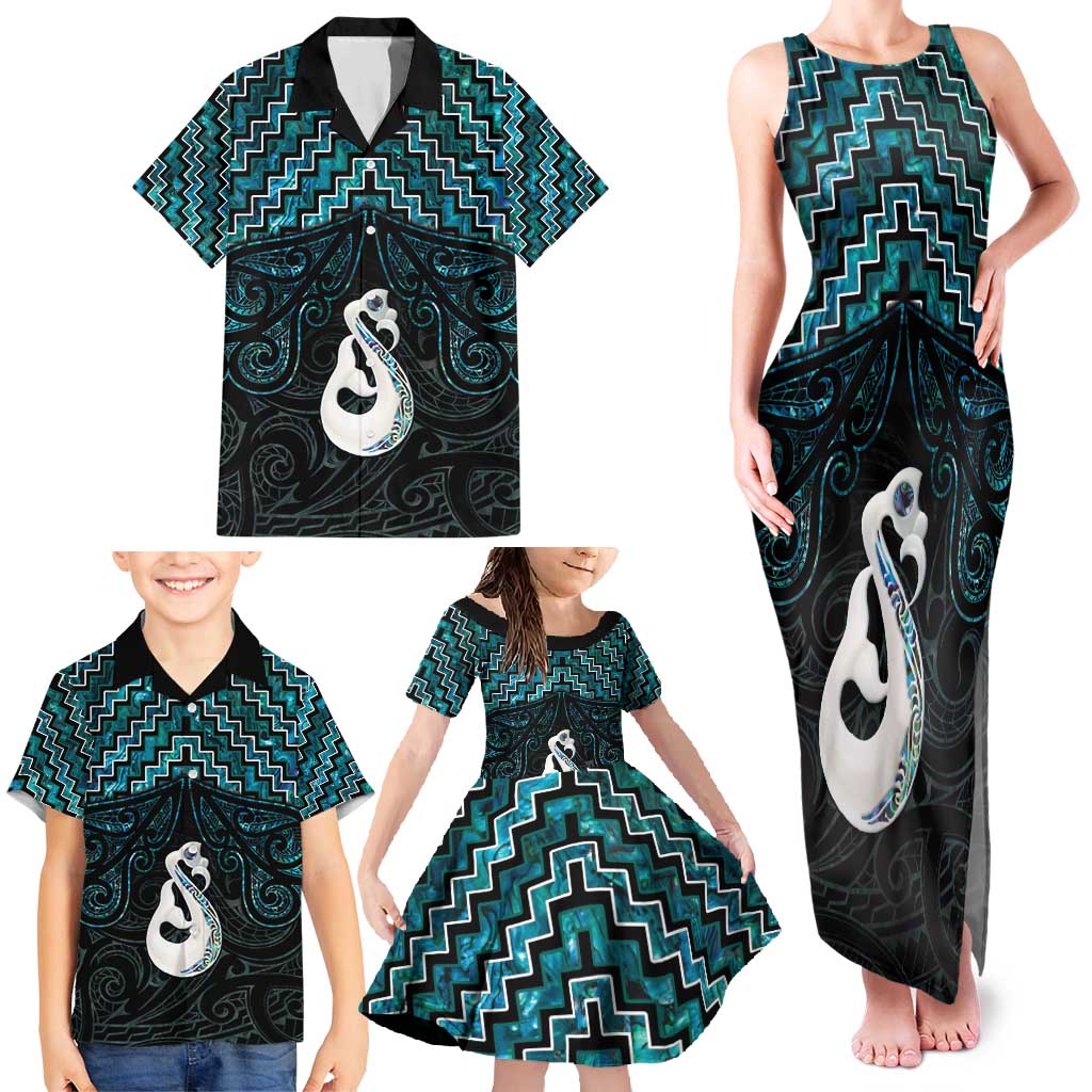 New Zealand Maori Family Matching Tank Maxi Dress and Hawaiian Shirt Poutama Manaia Turquoise Paua Shell