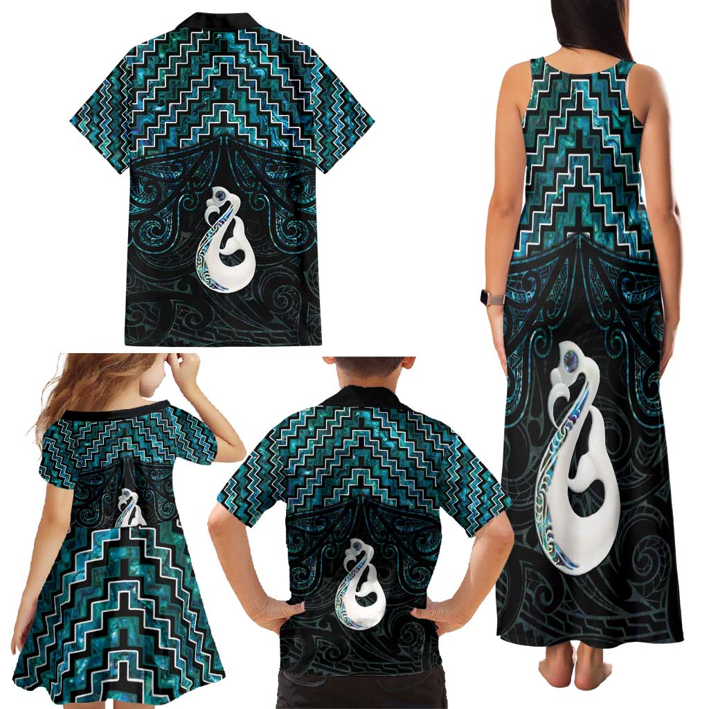 New Zealand Maori Family Matching Tank Maxi Dress and Hawaiian Shirt Poutama Manaia Turquoise Paua Shell