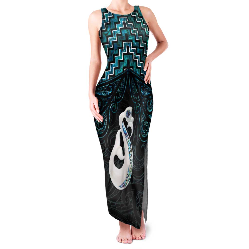 New Zealand Maori Family Matching Tank Maxi Dress and Hawaiian Shirt Poutama Manaia Turquoise Paua Shell