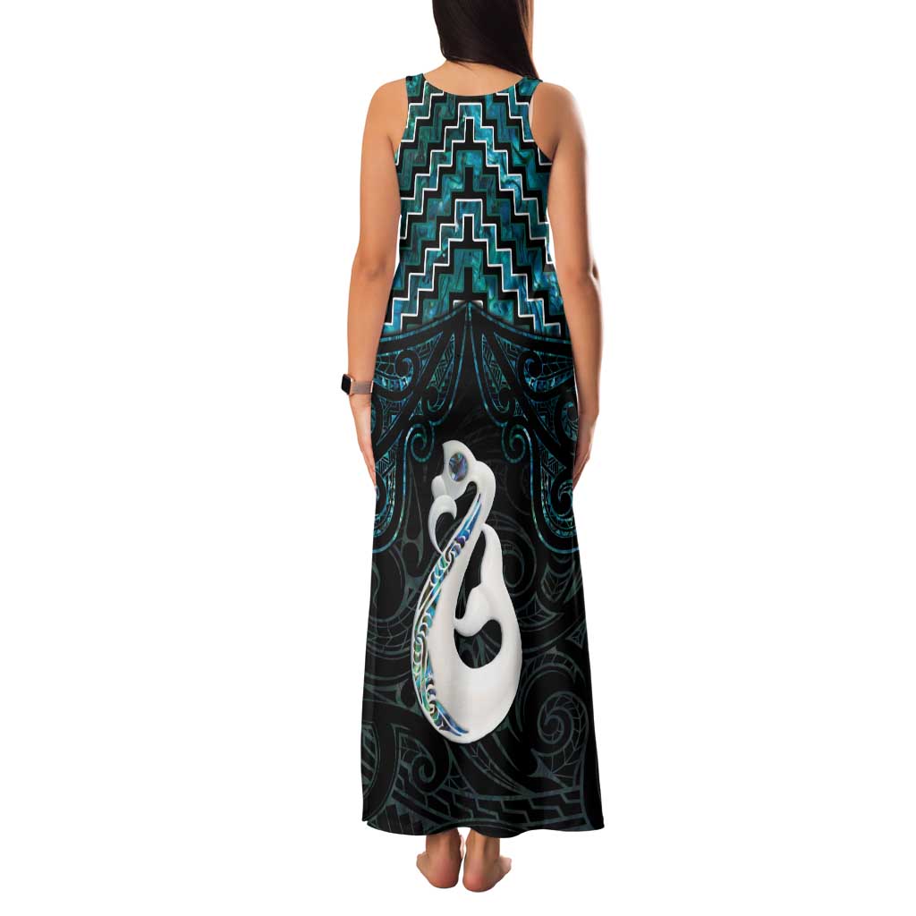 New Zealand Maori Family Matching Tank Maxi Dress and Hawaiian Shirt Poutama Manaia Turquoise Paua Shell