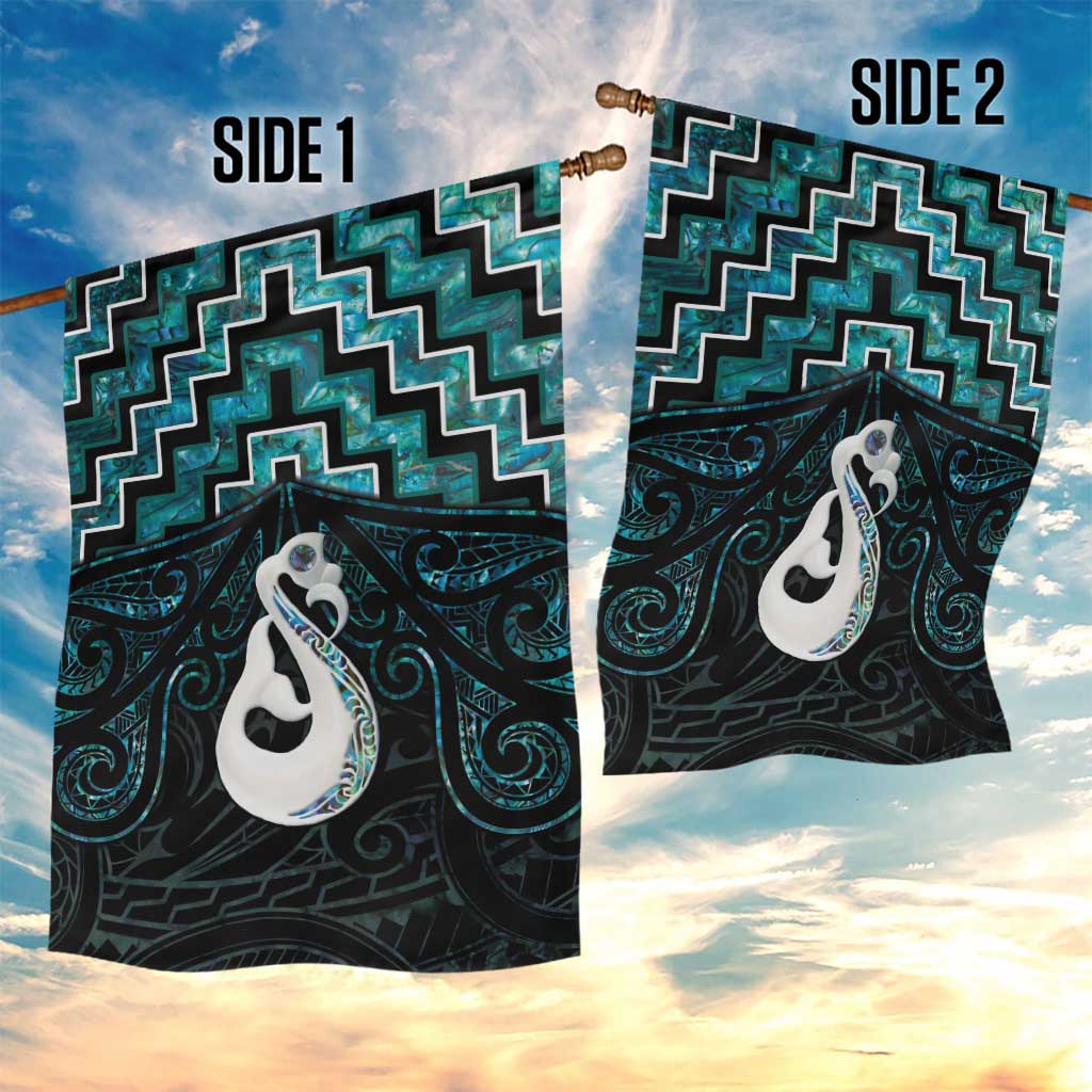 New Zealand Maori Garden Flag Poutama Manaia Turquoise Paua Shell LT05 - Vibe Hoodie Shop