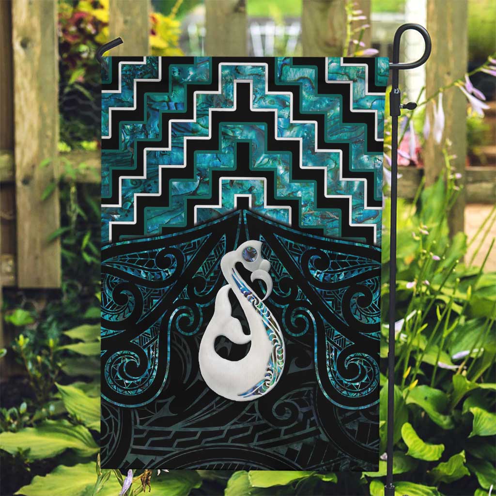 New Zealand Maori Garden Flag Poutama Manaia Turquoise Paua Shell LT05 - Vibe Hoodie Shop