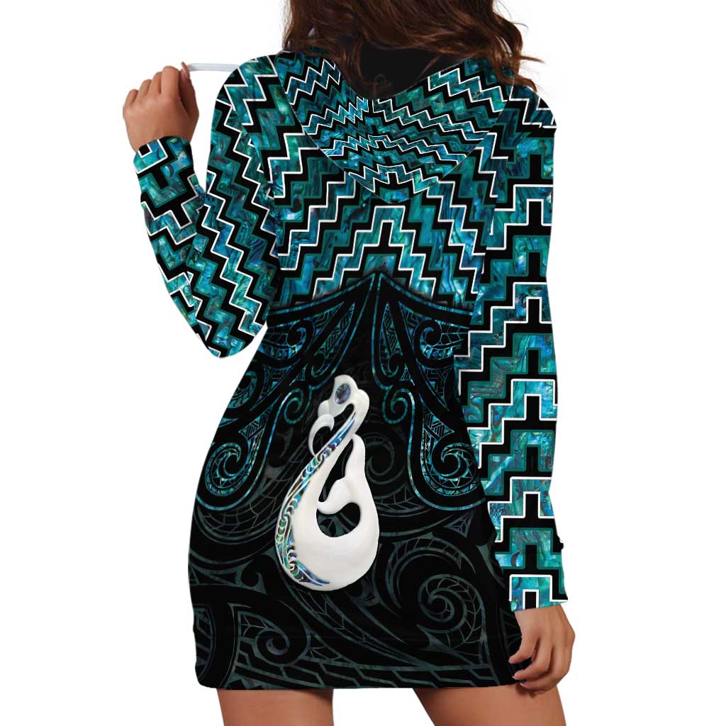 New Zealand Maori Hoodie Dress Poutama Manaia Turquoise Paua Shell LT05 - Vibe Hoodie Shop