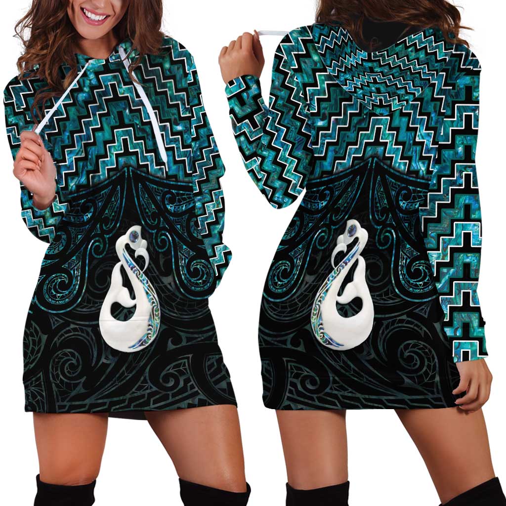 New Zealand Maori Hoodie Dress Poutama Manaia Turquoise Paua Shell LT05 - Vibe Hoodie Shop