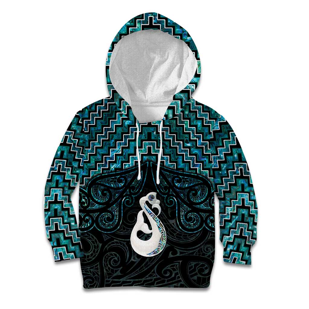 New Zealand Maori Kid Hoodie Poutama Manaia Turquoise Paua Shell LT05 - Vibe Hoodie Shop