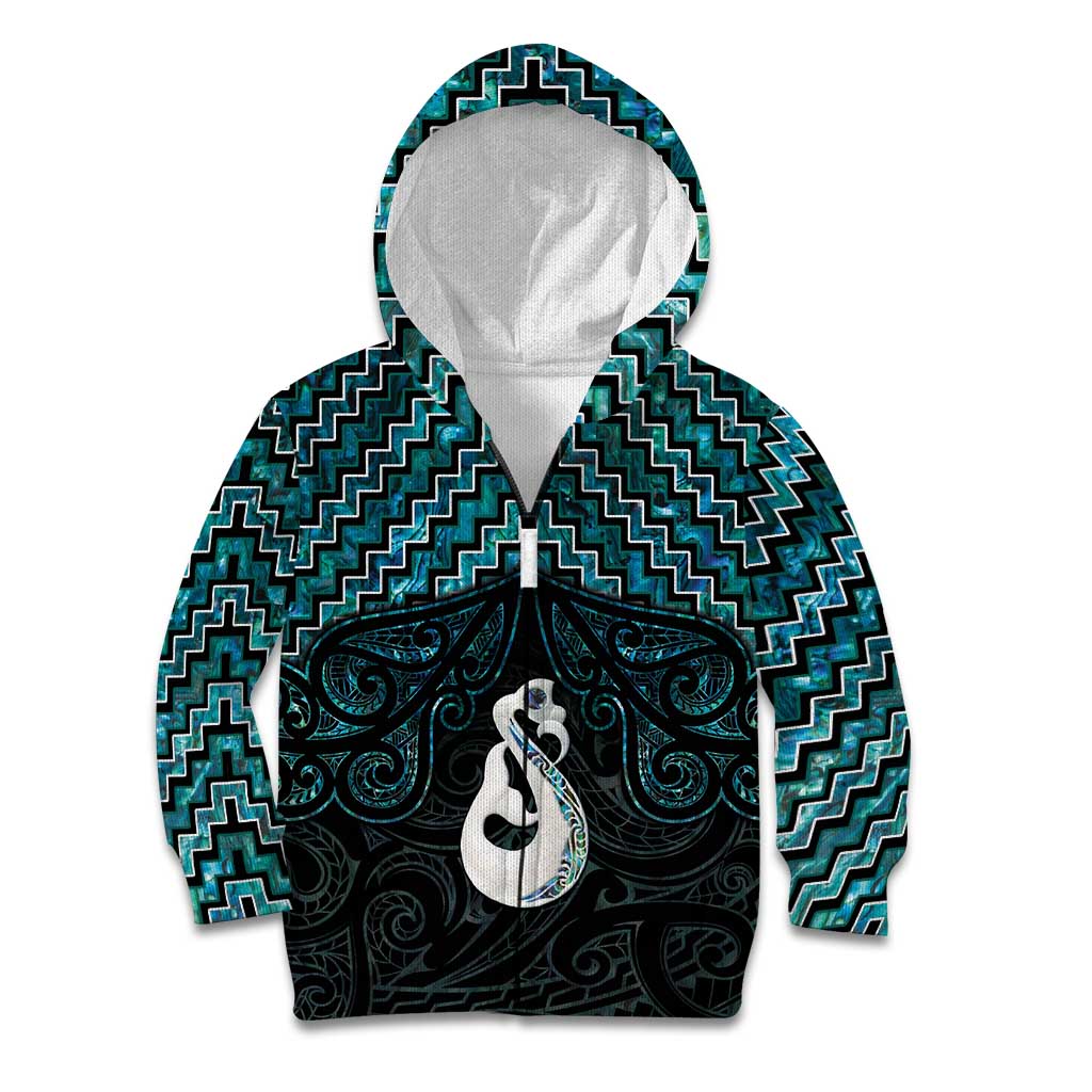 New Zealand Maori Kid Hoodie Poutama Manaia Turquoise Paua Shell LT05 - Vibe Hoodie Shop