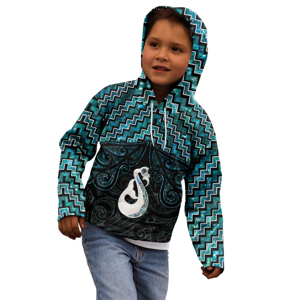 New Zealand Maori Kid Hoodie Poutama Manaia Turquoise Paua Shell LT05 - Vibe Hoodie Shop