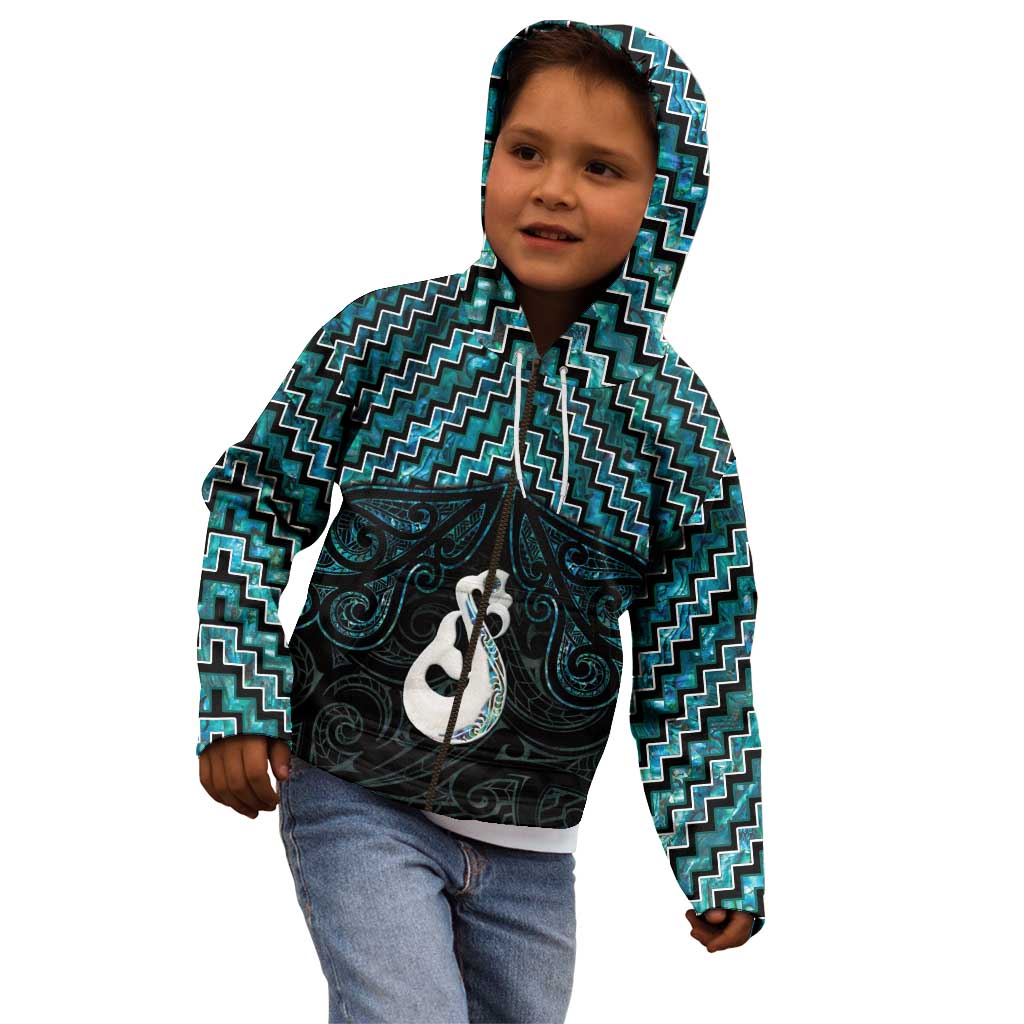 New Zealand Maori Kid Hoodie Poutama Manaia Turquoise Paua Shell LT05 - Vibe Hoodie Shop