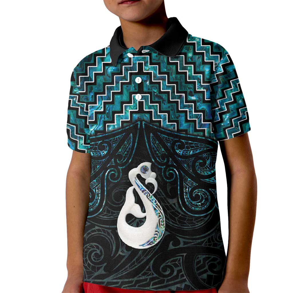 New Zealand Maori Kid Polo Shirt Poutama Manaia Turquoise Paua Shell LT05 - Vibe Hoodie Shop