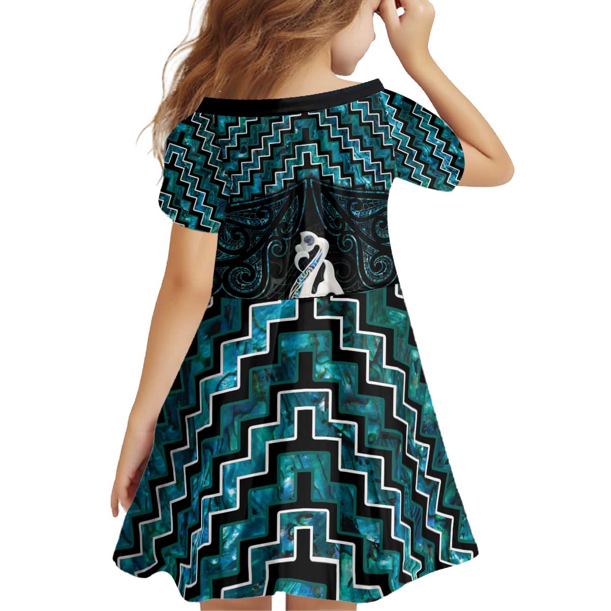 New Zealand Maori Kid Short Sleeve Dress Poutama Manaia Turquoise Paua Shell LT05 - Vibe Hoodie Shop