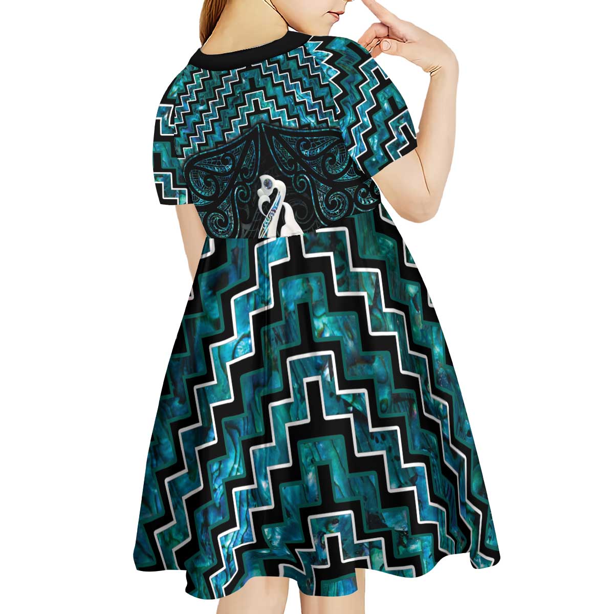 New Zealand Maori Kid Short Sleeve Dress Poutama Manaia Turquoise Paua Shell LT05 - Vibe Hoodie Shop