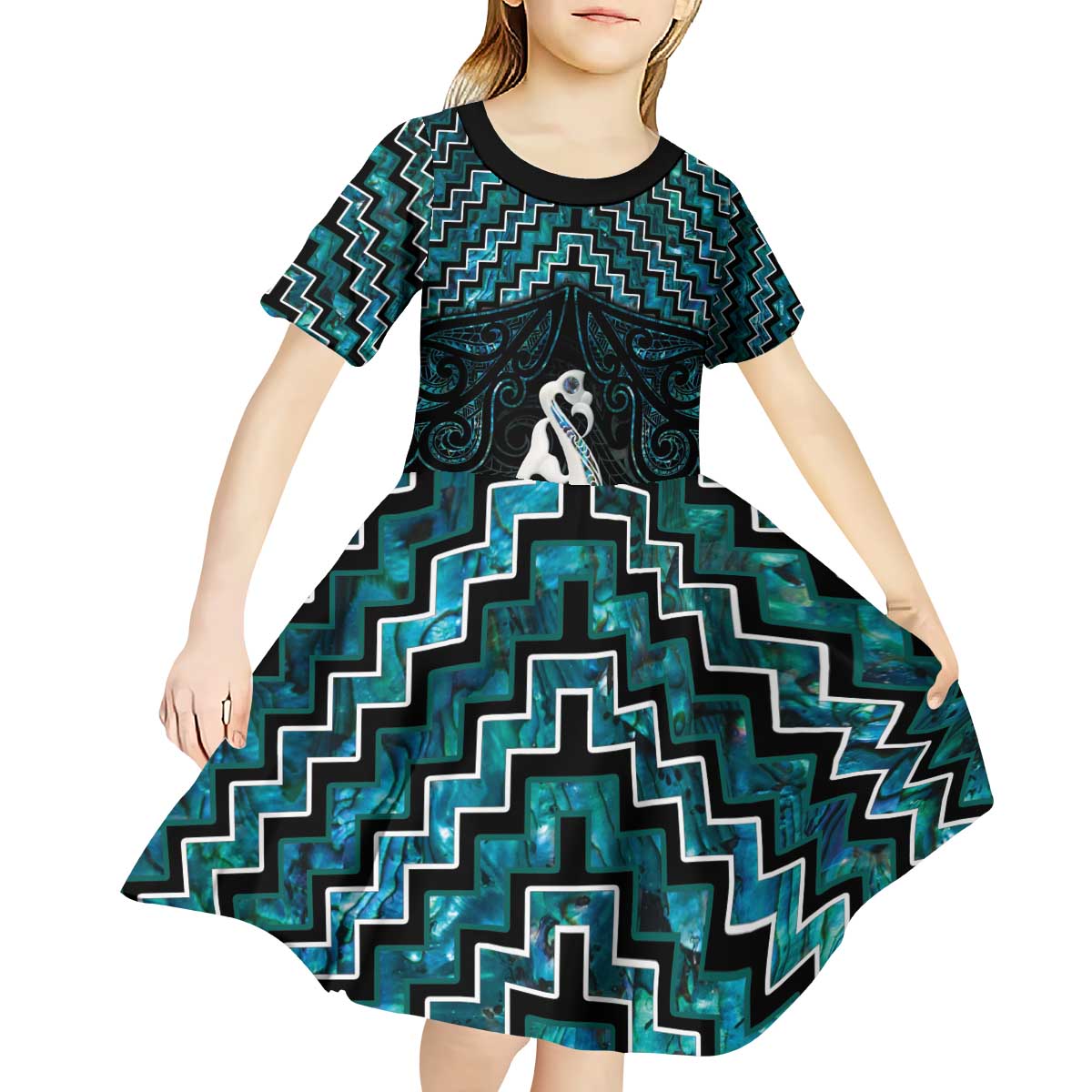 New Zealand Maori Kid Short Sleeve Dress Poutama Manaia Turquoise Paua Shell LT05 - Vibe Hoodie Shop