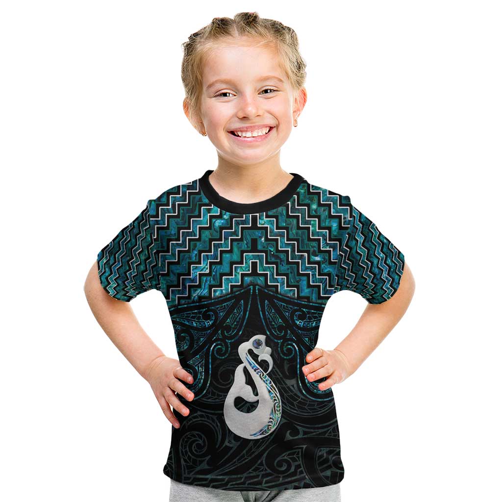 New Zealand Maori Kid T Shirt Poutama Manaia Turquoise Paua Shell LT05 - Vibe Hoodie Shop