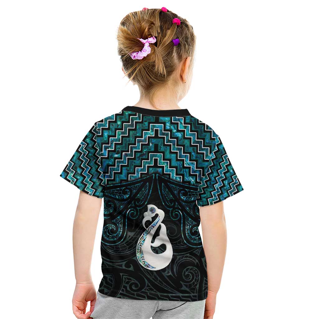 New Zealand Maori Kid T Shirt Poutama Manaia Turquoise Paua Shell LT05 - Vibe Hoodie Shop