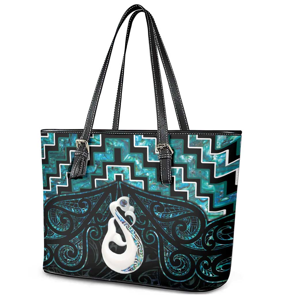 New Zealand Maori Leather Tote Bag Poutama Manaia Turquoise Paua Shell