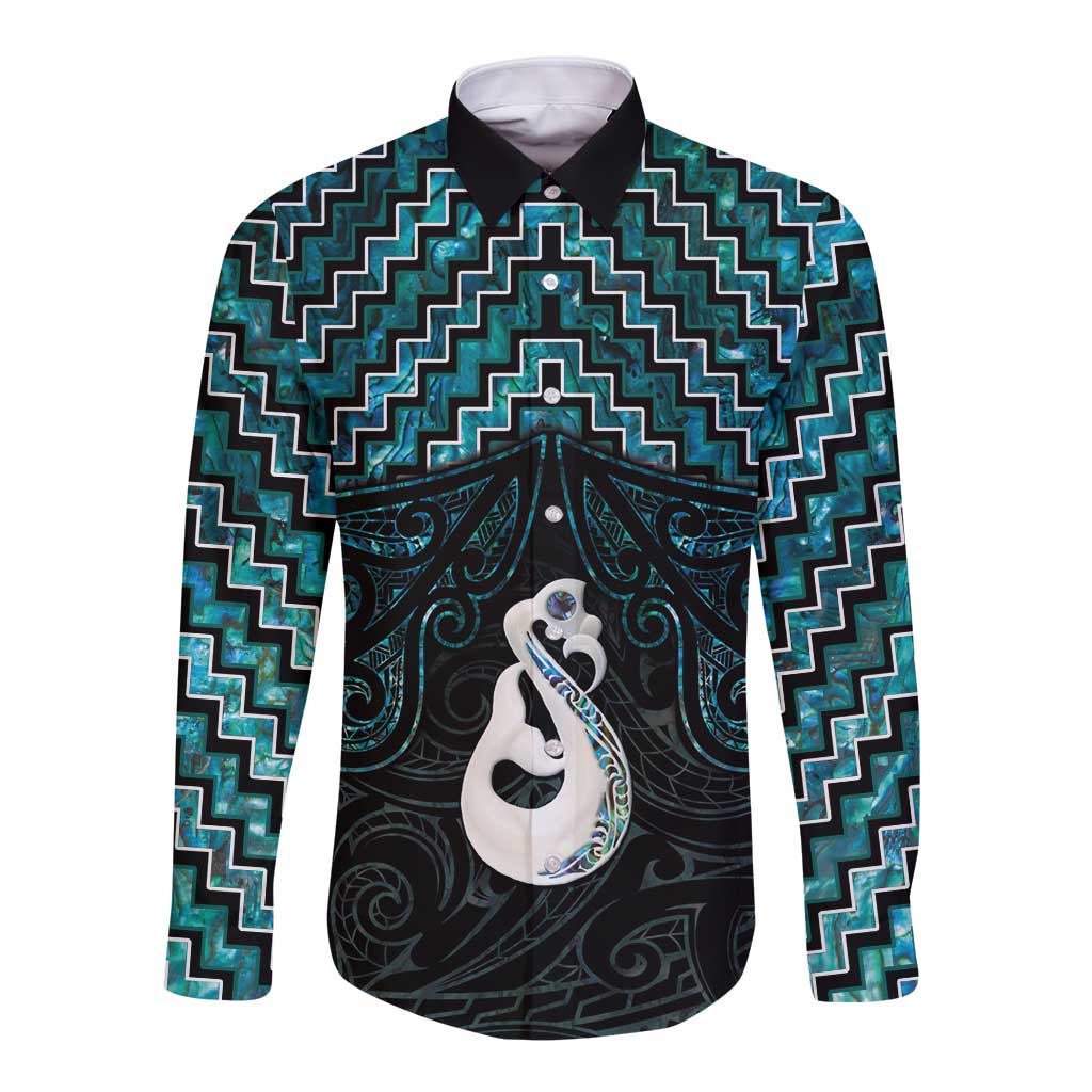 New Zealand Maori Long Sleeve Button Shirt Poutama Manaia Turquoise Paua Shell LT05 - Vibe Hoodie Shop