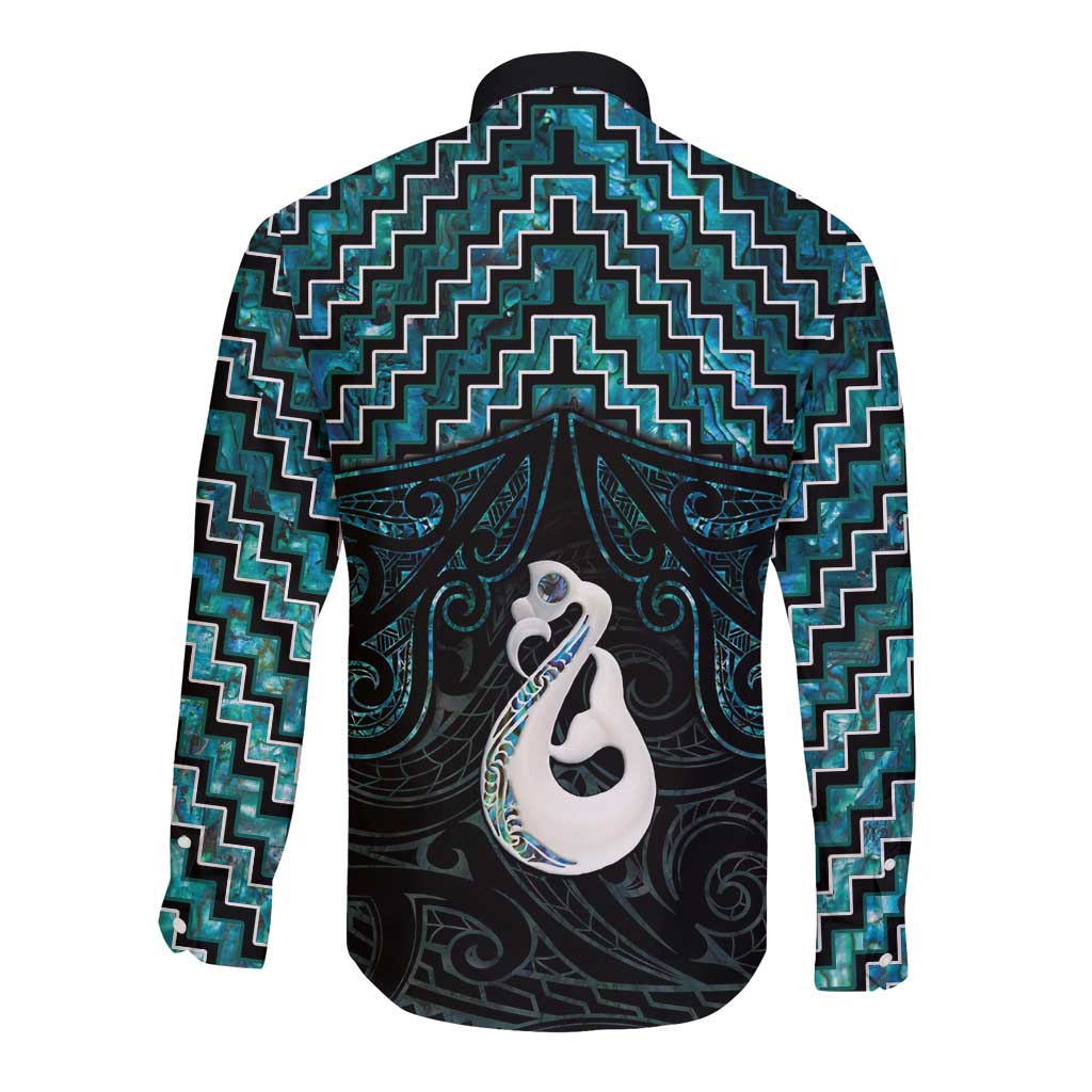 New Zealand Maori Long Sleeve Button Shirt Poutama Manaia Turquoise Paua Shell LT05 - Vibe Hoodie Shop