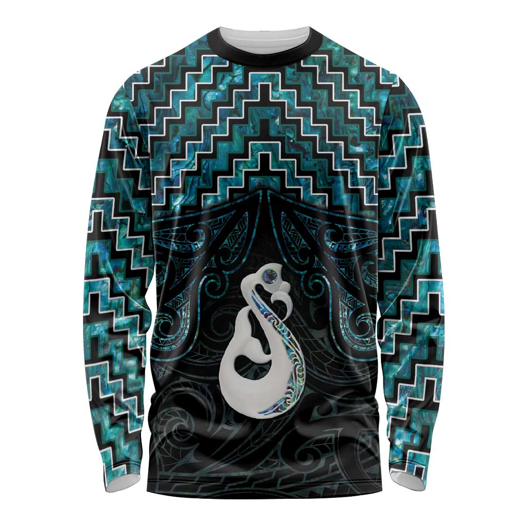 New Zealand Maori Long Sleeve Shirt Poutama Manaia Turquoise Paua Shell LT05 - Vibe Hoodie Shop