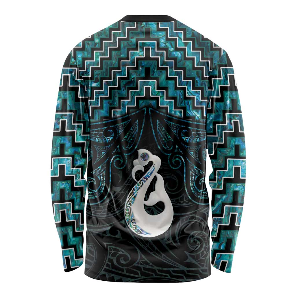 New Zealand Maori Long Sleeve Shirt Poutama Manaia Turquoise Paua Shell LT05 - Vibe Hoodie Shop