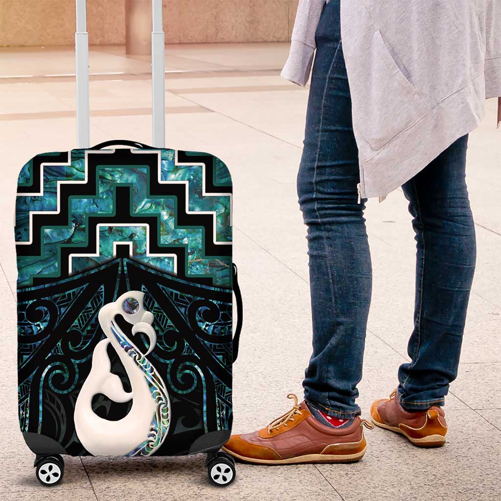 New Zealand Maori Luggage Cover Poutama Manaia Turquoise Paua Shell LT05 - Vibe Hoodie Shop