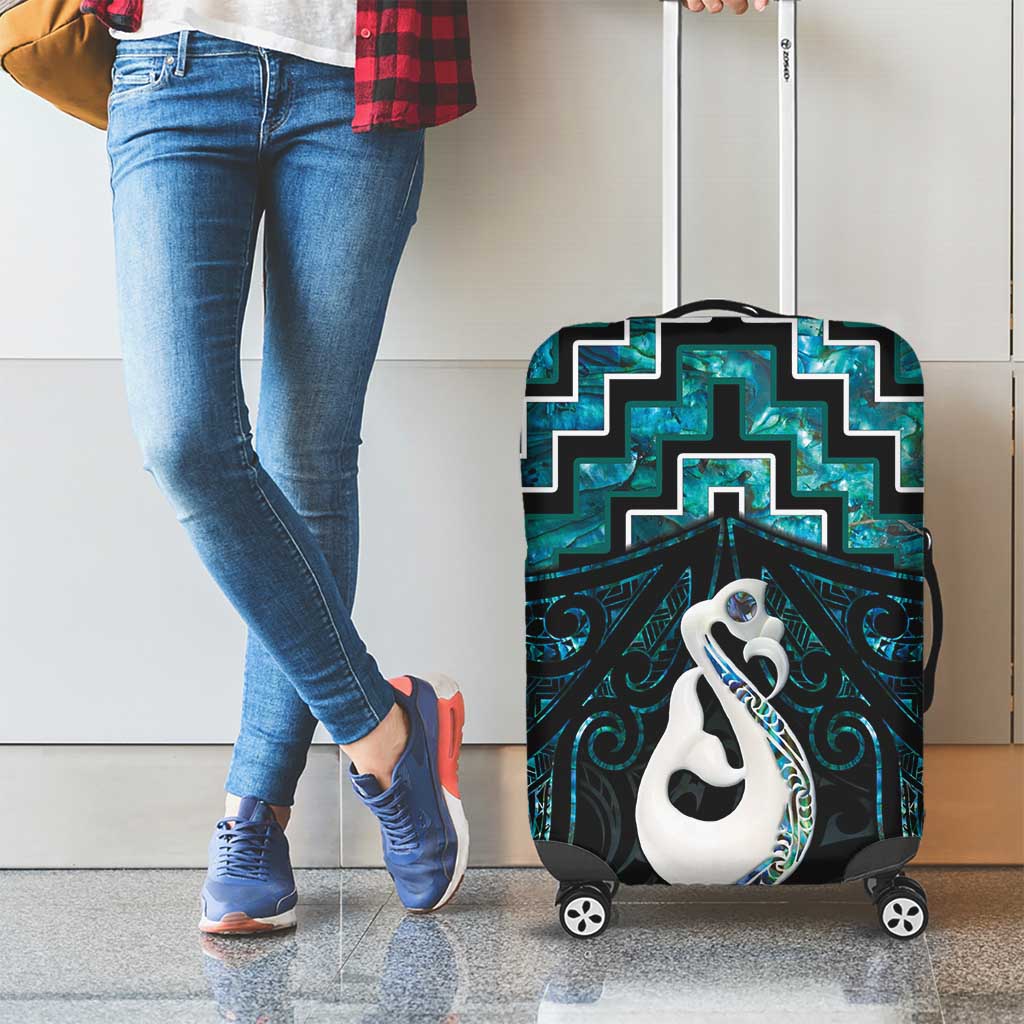 New Zealand Maori Luggage Cover Poutama Manaia Turquoise Paua Shell LT05 - Vibe Hoodie Shop